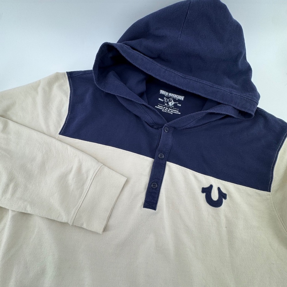 True Religion Henley Hoodie Mens XXXL Navy Cream Colorblock Horseshoe Logo